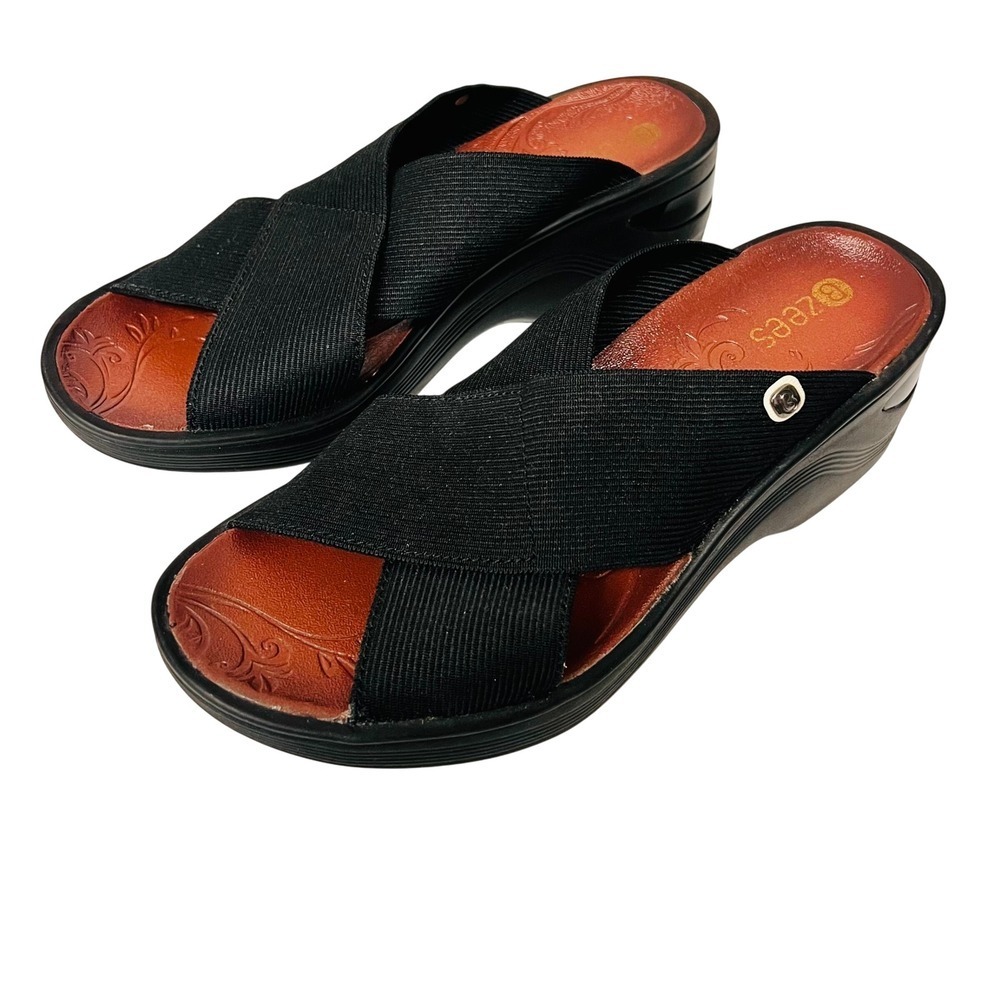 Bzees Slip on Wedge Sandals Women's Size 6.5M Black Stretchy Summer Vacation